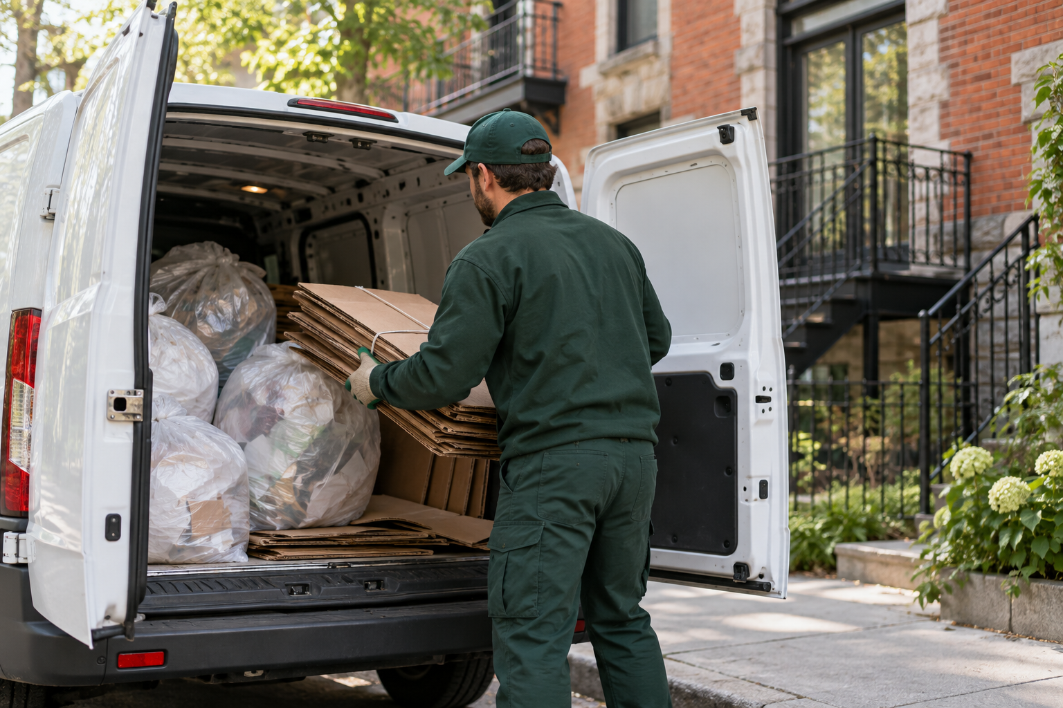 Illustration : chargement de cartons et de sacs dans un véhicule utilitaire